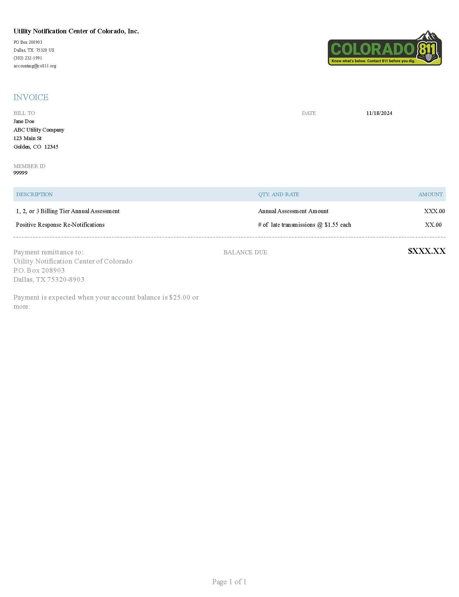 1-3 Billing Tier Annual Assessment - Sample Invoice_from_Utility_Notification_Center_of_Colorado_Inc 1-3 Billing Tier Annual Assessment - Sample Invoice_from_Utility_Notification_Center_of_Colorado_Inc