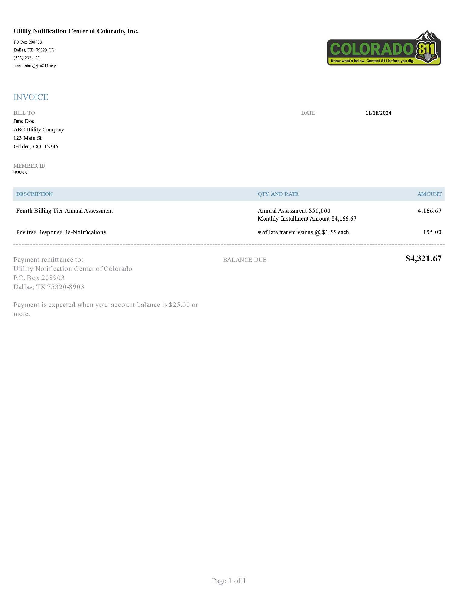 4th Billing Tier Annual Assessment billed monthly_Sample Invoice_from_Utility_Notification_Center_of_Colorado_Inc